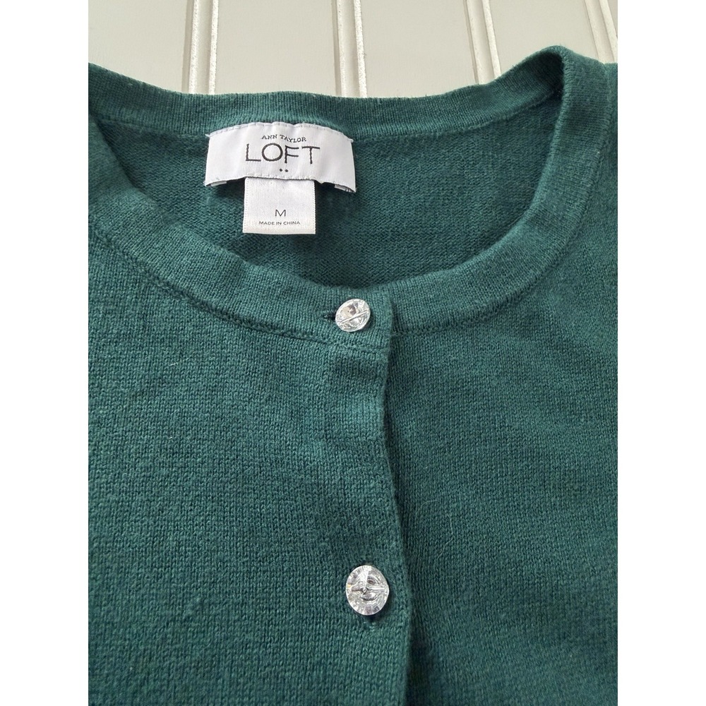 Ann Taylor LOFT Women's Rhinestone‎ Button Cardigan Medium Green - Picture 2 of 7